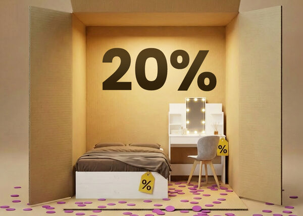 Mobili&aacute;rio moderno de quarto com cama branca e penteadeira bege num cen&aacute;rio em forma de caixa, com 20% de desconto em essenciais de quarto.