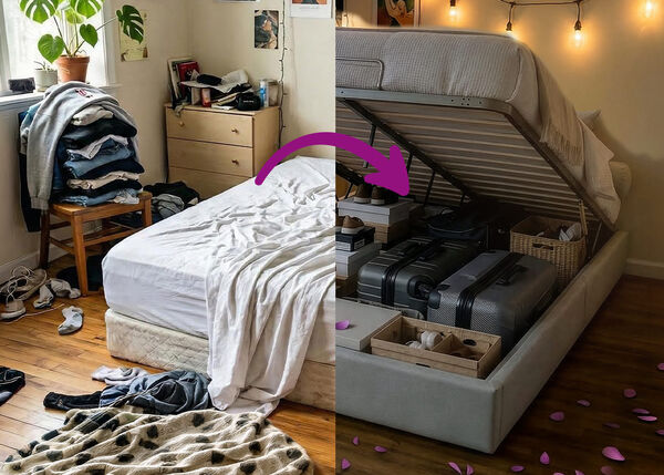 Banner para camas otomanas com uma estrutura de cama otomana em veludo cinzento-claro (140x200 cm) e base de arruma&ccedil;&atilde;o hidr&aacute;ulica que poupa espa&ccedil;o.