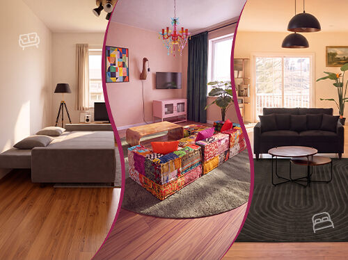 Colagem com tr&ecirc;s estilos de sof&aacute;: uma sala de estar moderna com sof&aacute;s escuros, um sof&aacute; modular patchwork colorido &agrave; volta de uma mesa de centro e um sof&aacute;-cama cinzento totalmente aberto. Clique para ver a cole&ccedil;&atilde;o de sof&aacute;s.