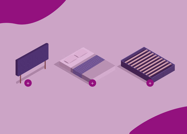 Ilustra&ccedil;&atilde;o de tr&ecirc;s componentes distintos da cama: uma cabeceira &agrave; esquerda, um colch&atilde;o com roupa de cama no centro e uma base de ripas &agrave; direita, cada um com um &iacute;cone circular de mais por baixo.