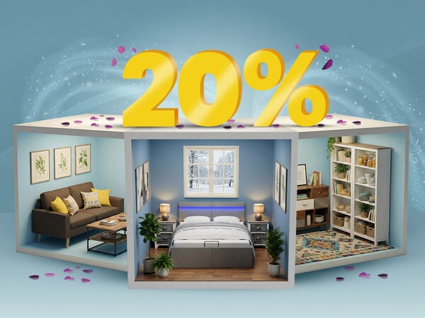 Banner com um desconto de "20%" em grandes n&uacute;meros amarelos 3D sobre tr&ecirc;s divis&otilde;es em miniatura que mostram uma sala de estar, um quarto e uma &aacute;rea de arruma&ccedil;&atilde;o com mobili&aacute;rio moderno. Clique para ver os produtos da cole&ccedil;&atilde;o.