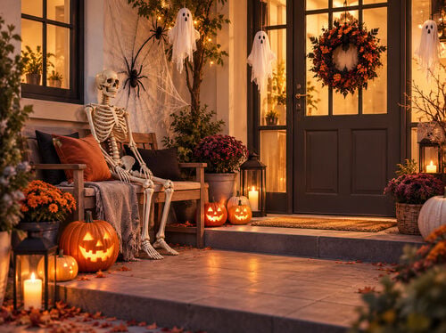 Alpendre decorado para o Halloween com ab&oacute;boras iluminadas, um esqueleto num banco, fantasmas pendurados, teias de aranha e luzes festivas acolhedoras.