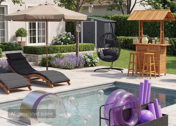 P&aacute;tio moderno no quintal com uma espregui&ccedil;adeira acolchoada sob um guarda-sol bege, uma cadeira suspensa tipo ovo e um bar externo de madeira com bancos; rodeado por vegeta&ccedil;&atilde;o bem cuidada, flores de lavanda e um pequeno abrigo de jardim ao fundo.