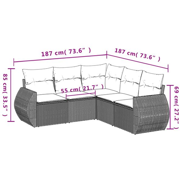 vidaXL 5 pcs conjunto sofás de jardim c/ almofadões vime PE cinzento