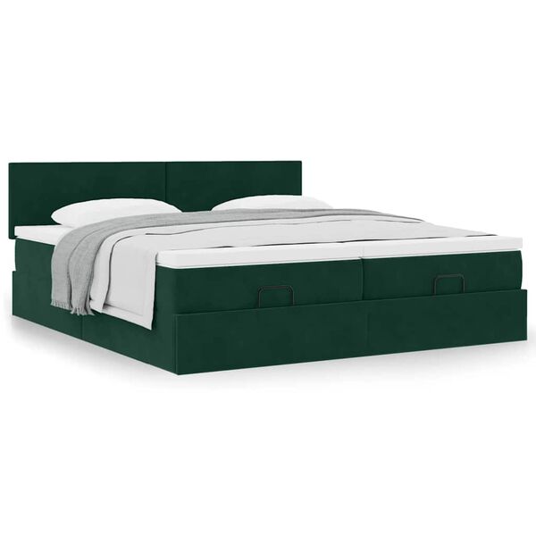 vidaXL Estrutura de cama otomana com colch&atilde;o verde escuro veludo