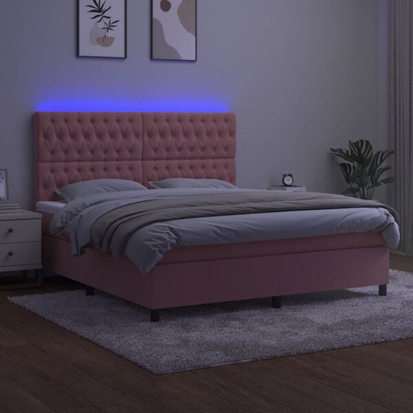 vidaXL Cama box spring c/ colch&atilde;o/LED 160x200 cm veludo rosa