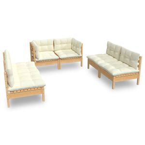 vidaXL 6 pcs conjunto lounge jardim c/ almofad&otilde;es creme pinho maci&ccedil;o