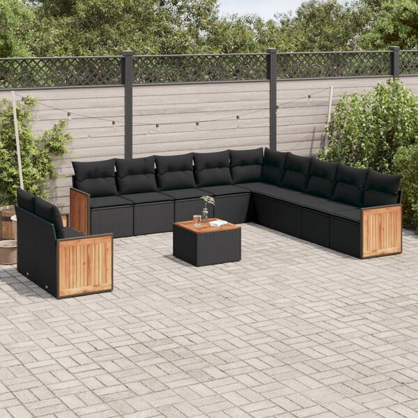 vidaXL 12 pcs conjunto de sof&aacute;s de jardim c/ almofad&otilde;es vime PE preto