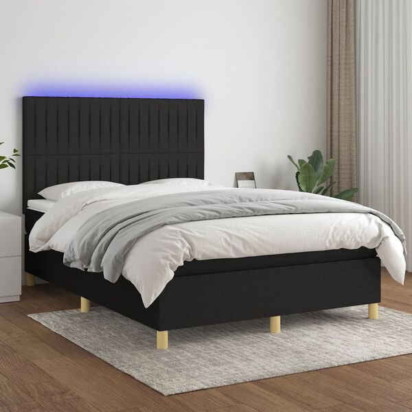 vidaXL Cama box spring c/ colch&atilde;o e LED 140x190 cm tecido preto