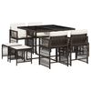 vidaXL 9 pcs conjunto jantar p/ jardim c/ almofad&otilde;es vime PE castanho