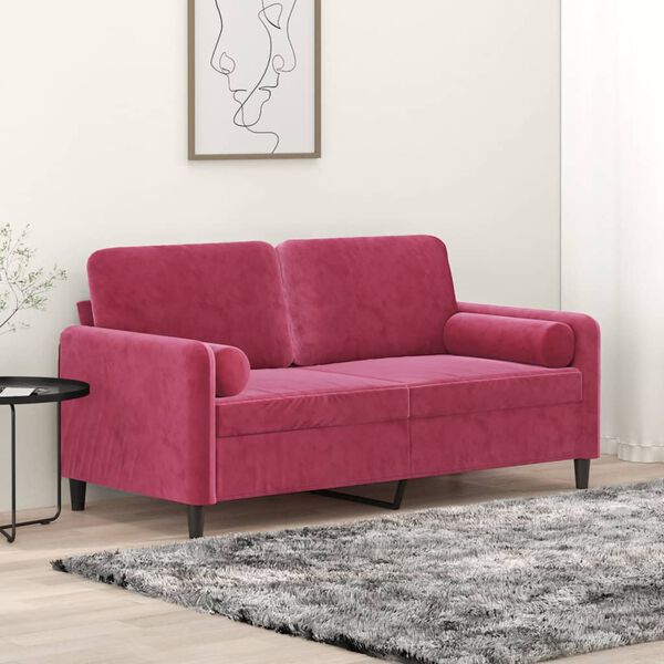 vidaXL Sof&aacute; 2 lug. + almofadas decorativas 140cm veludo vermelho tinto