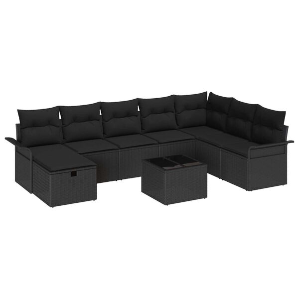 vidaXL Conjunto de Sof&aacute; de Jardim com almofada 9 pcs Preto vime PE