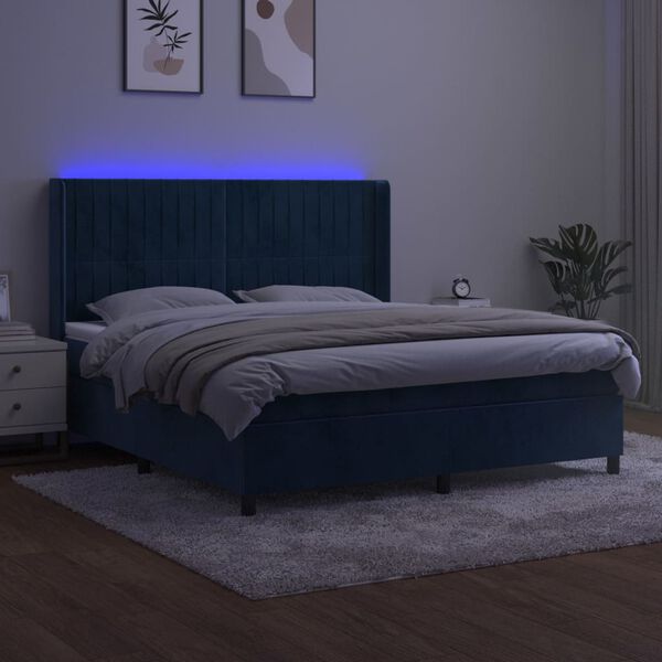 vidaXL Cama box spring c/ colch&atilde;o/LED 180x200 cm veludo azul-escuro