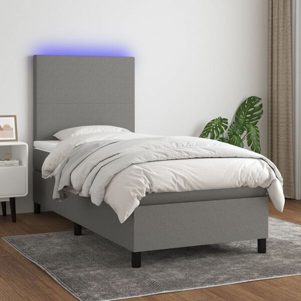 vidaXL Cama box spring c/ colch&atilde;o e LED 90x200 cm tecido cinza-escuro