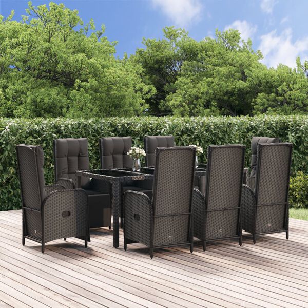 vidaXL 9 pcs conjunto de jantar p/ jardim c/ almofad&otilde;es vime PE preto