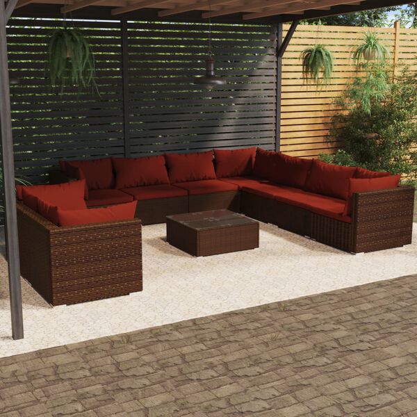 vidaXL 10 pcs conjunto lounge jardim c/ almofad&otilde;es vime PE castanho