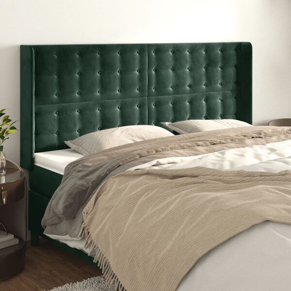 vidaXL Cabeceira cama c/ abas veludo 163x16x118/128 cm verde-escuro