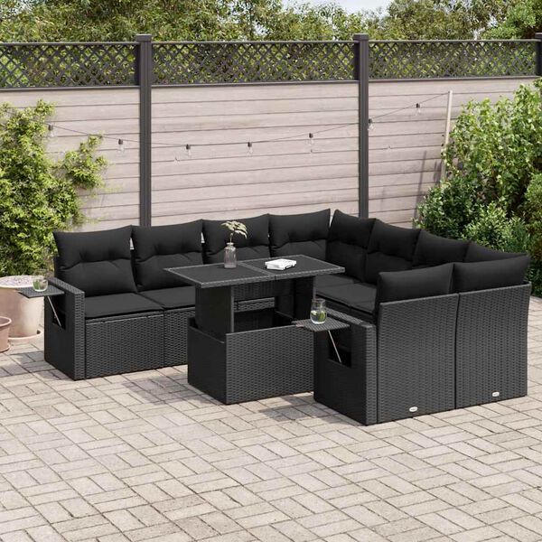 vidaXL 9 pcs conjunto de sof&aacute;s p/ jardim c/ almofad&otilde;es vime PE preto