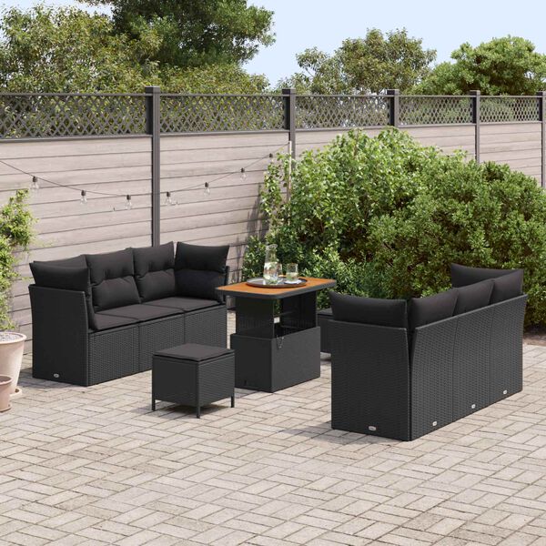 vidaXL Conjunto de Sof&aacute; de Jardim com almofada 9 pcs Preto vime PE