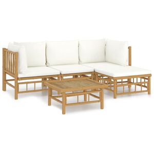 vidaXL 5 pcs conjunto lounge de jardim bambu c/ almofad&otilde;es branco nata