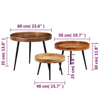 vidaXL Conjunto de mesas 3 pcs madeira de mangueira maciça e aço