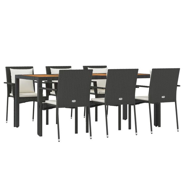 vidaXL 7 pcs conjunto de jantar p/ jardim c/ almofad&otilde;es vime PE preto