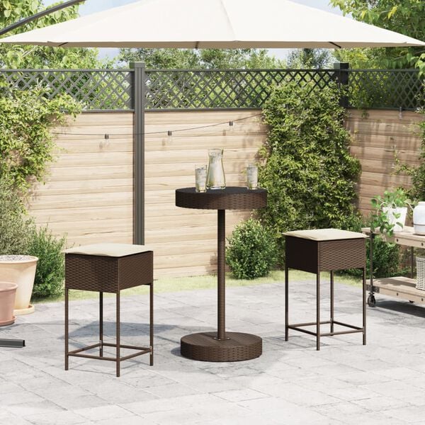 vidaXL 3 pcs conjunto de bar p/ jardim com almofad&otilde;es vime PE castanho