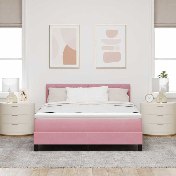 vidaXL Cama Box Spring LED com colch&atilde;o Rosa 160 x 200 cm Veludo