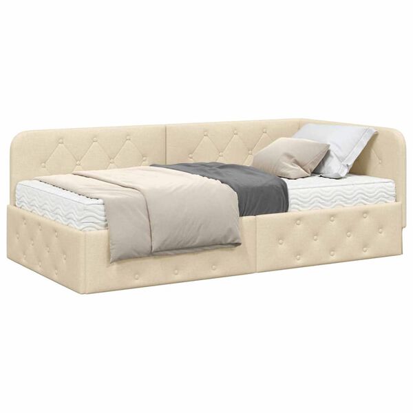 vidaXL Estrutura de Cama de Canto com colch&atilde;o Creme 90 x 190 cm tecido