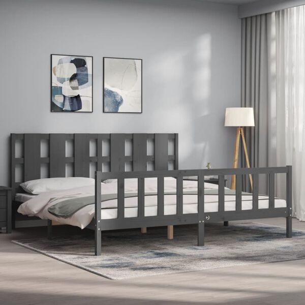 vidaXL Estrutura de cama com cabeceira 200x200 cm madeira maci&ccedil;a cinza