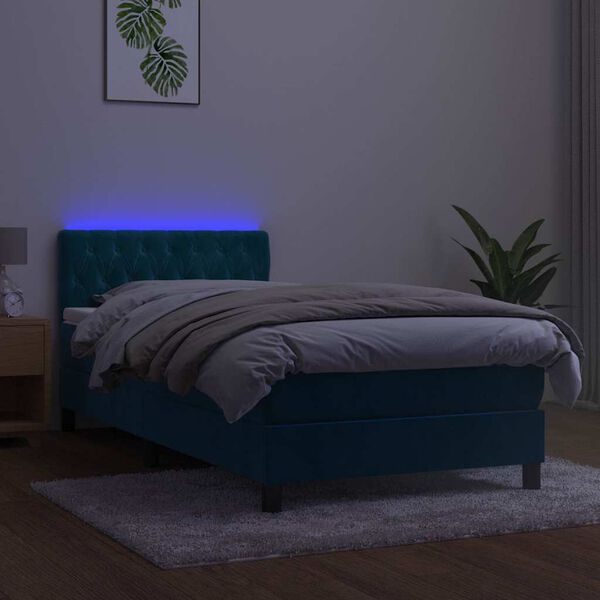 vidaXL Cama box spring c/ colch&atilde;o/LED 90x200 cm veludo azul-escuro
