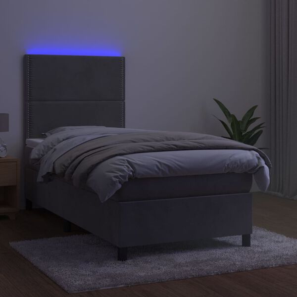 vidaXL Cama box spring c/ colch&atilde;o/LED 90x200 cm veludo cinzento-claro