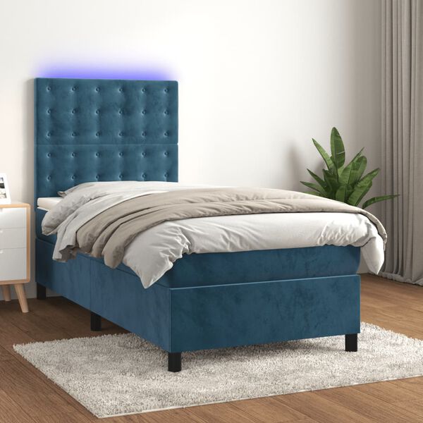 vidaXL Cama box spring c/ colch&atilde;o/LED 90x200 cm veludo azul-escuro