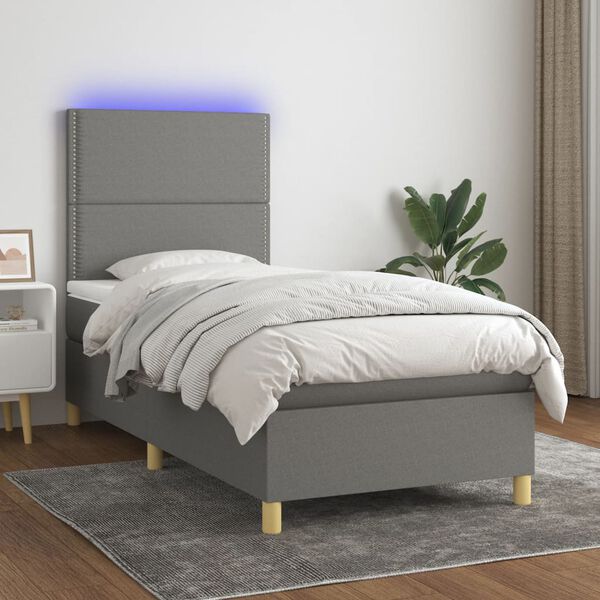 vidaXL Cama box spring c/ colch&atilde;o e LED 90x190 cm tecido cinza-escuro