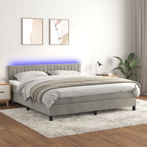 vidaXL Cama box spring c/ colch&atilde;o/LED 160x200 cm veludo cinzento-claro