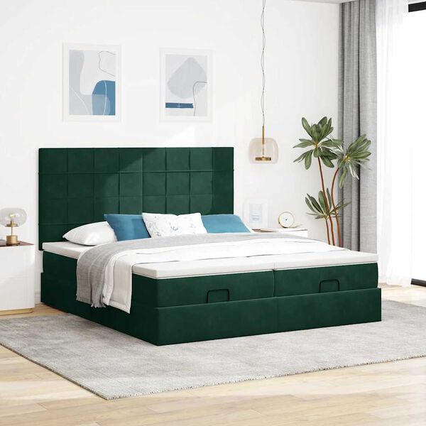 vidaXL Estrutura de cama otomana com colch&atilde;o verde escuro Veludo
