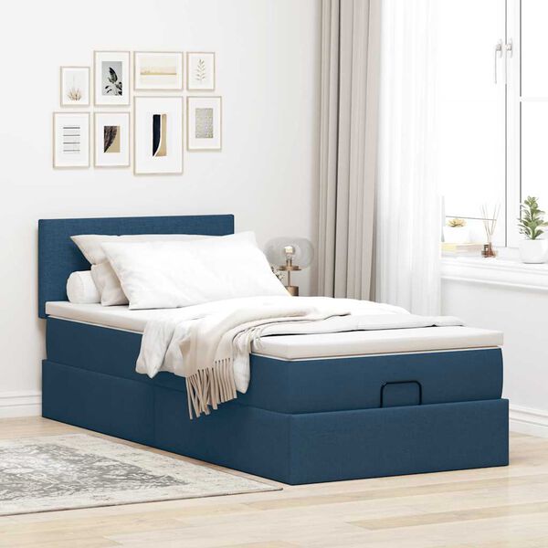 vidaXL Cama Otomana com Colch&atilde;o & LEDs Tecido Azul 90x200 cm