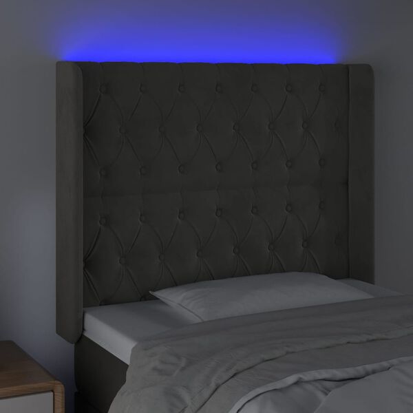 vidaXL Cabeceira de cama c/ LED veludo 103x16x118/128 cm cinza-escuro