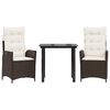 vidaXL 3 pcs conjunto jantar p/ jardim c/ almofad&otilde;es vime PE castanho