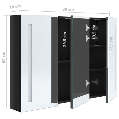 vidaXL Armário espelhado casa de banho LED 89x14x62 cm preto brilhante