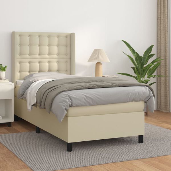 vidaXL Cama com molas/colch&atilde;o 90x190 cm couro artificial cor creme