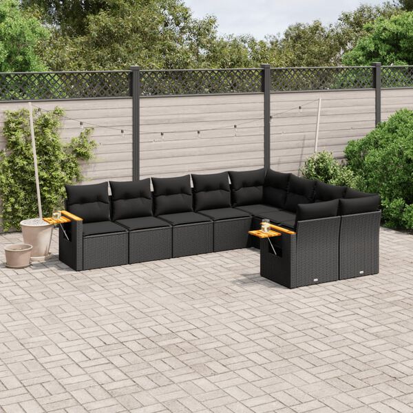 vidaXL 9 pcs conjunto de sof&aacute;s p/ jardim c/ almofad&otilde;es vime PE preto