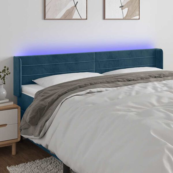 vidaXL Cabeceira cama c/ luzes LED veludo 203x16x78/88 cm azul-escuro