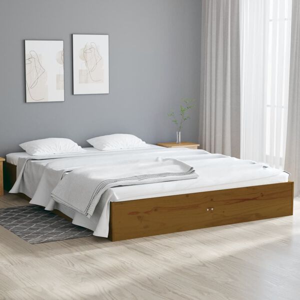 vidaXL Estrutura de cama casal 135x190 cm madeira maci&ccedil;a castanho-mel