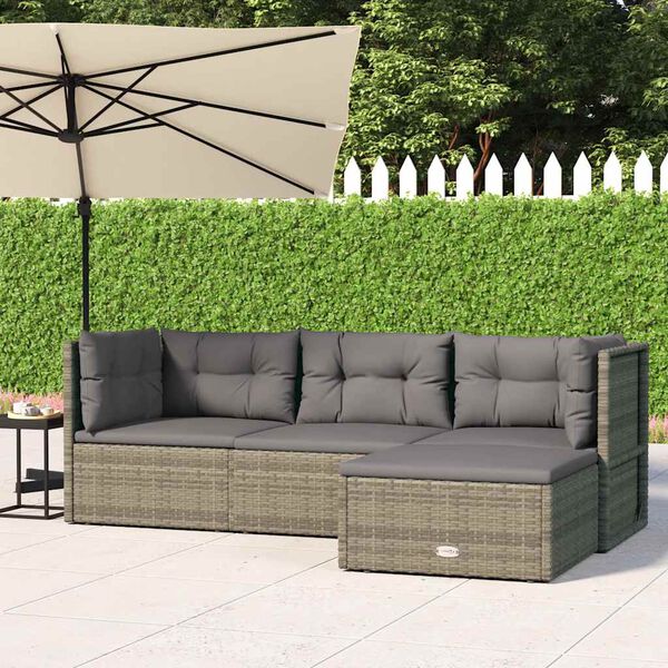vidaXL 4 pcs conjunto lounge de jardim c/ almofad&otilde;es vime PE cinzento