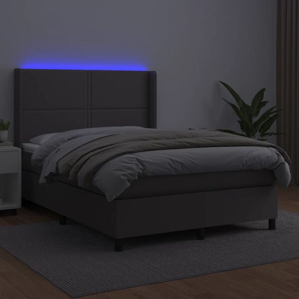 vidaXL Cama box spring c/ colchão/LED 140x200cm couro artificial cinza