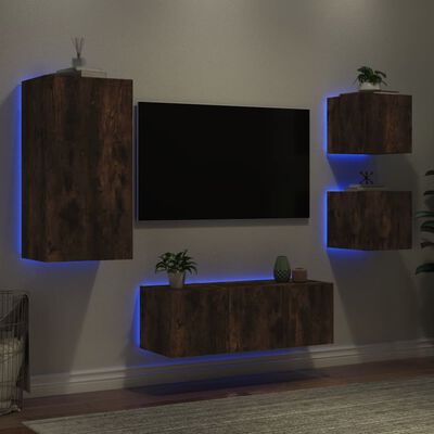 vidaXL 5pcs móveis parede p/ TV c/ LEDs deriv. madeira carvalho fumado
