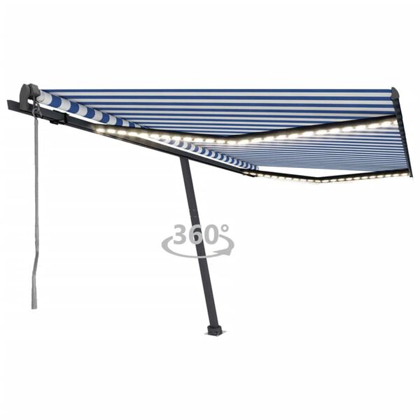 vidaXL Toldo autom&aacute;tico LED e sensor de vento 400x350 cm azul e branco