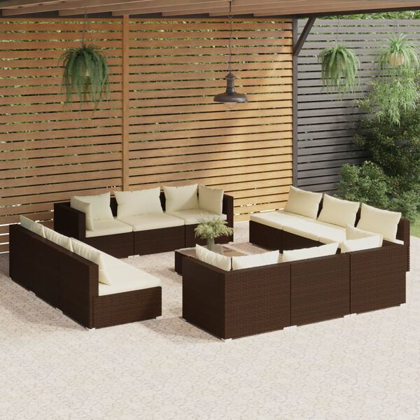 vidaXL 13 pcs conjunto lounge jardim c/ almofadões vime PE castanho