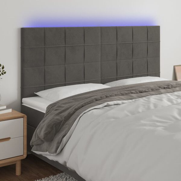 vidaXL Cabeceira de cama c/ LED veludo 160x5x118/128 cm cinza-escuro